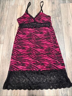Hot Pink Zebra Lace-Trim Chemise with Black Accents